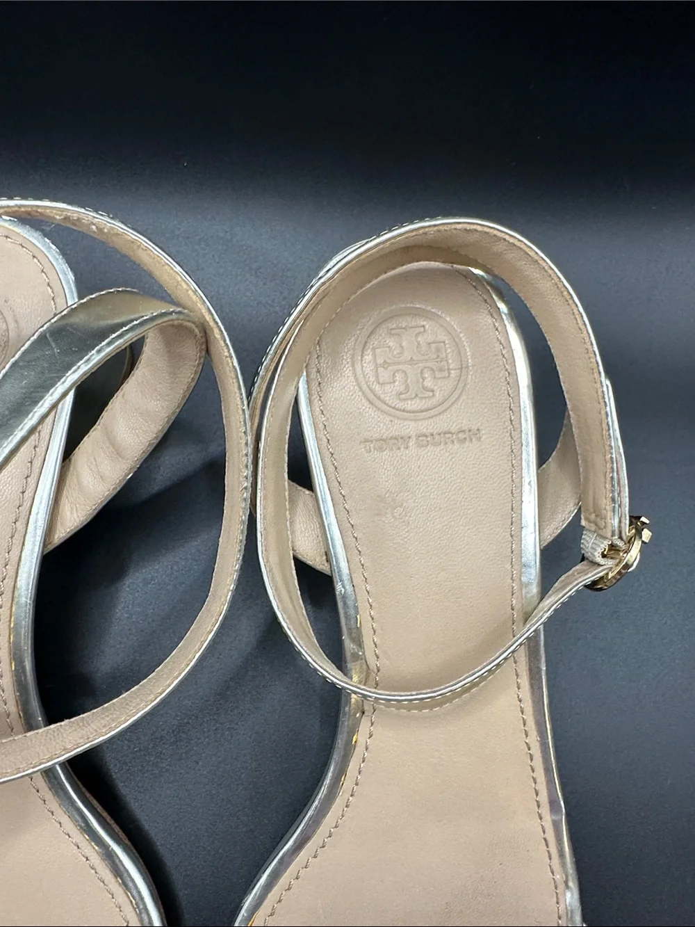 Tory Burch Metallic Silver Ankle-Strap Flat Sandals